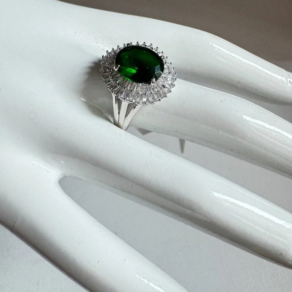 Cate D'Argent Green Stone Sterling Silver CZ Larg Coctail Ring 9 - Picture 6 of 11